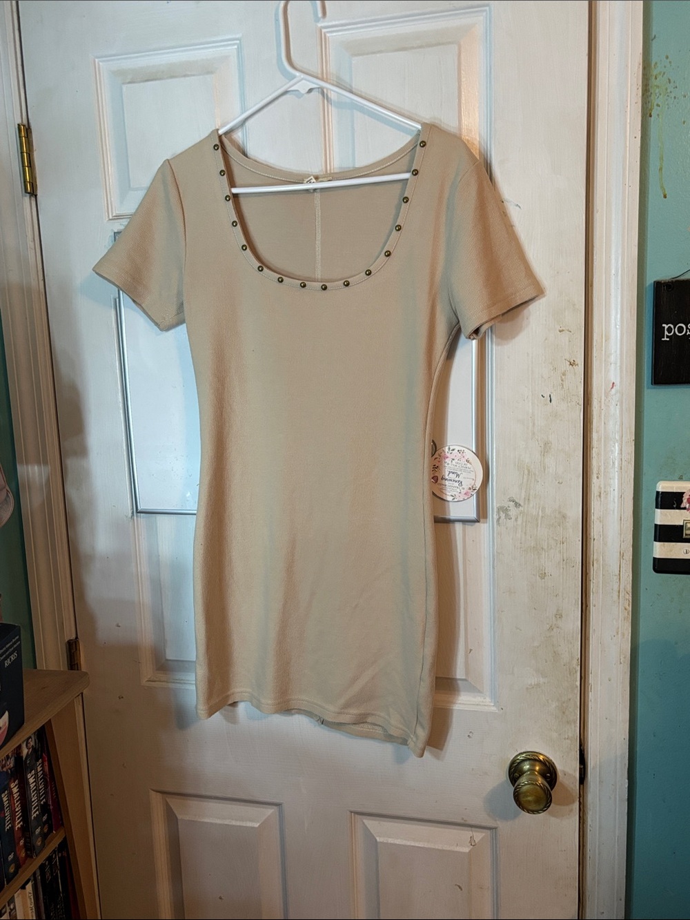 POL Cream Studded Scoop Neck Mini Dress Size Medium
